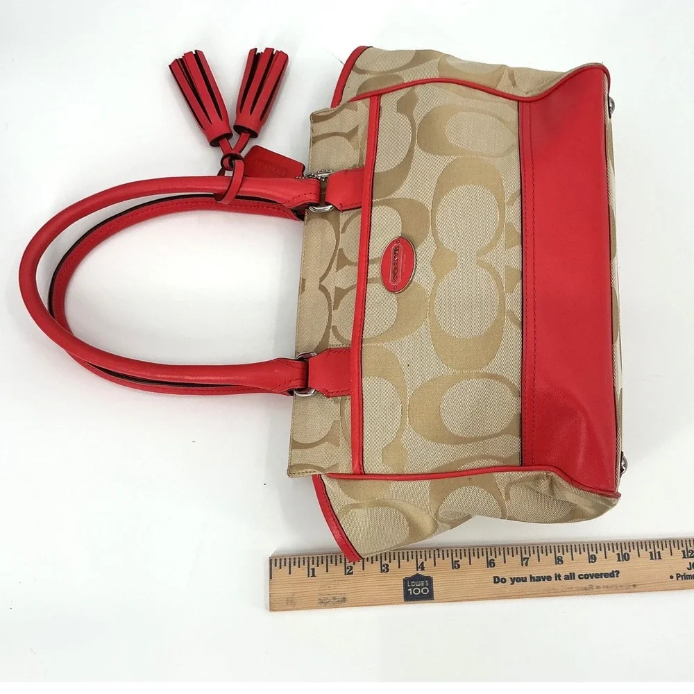 Coach 24204 Signature Tote Red Leather Trim‎ Tassel Charm Excellent Condition